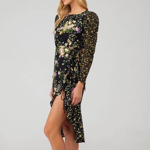 For Love and Lemons black yellow floral Ross asymmetrical hem dress sz XS - Picture 2 of 11